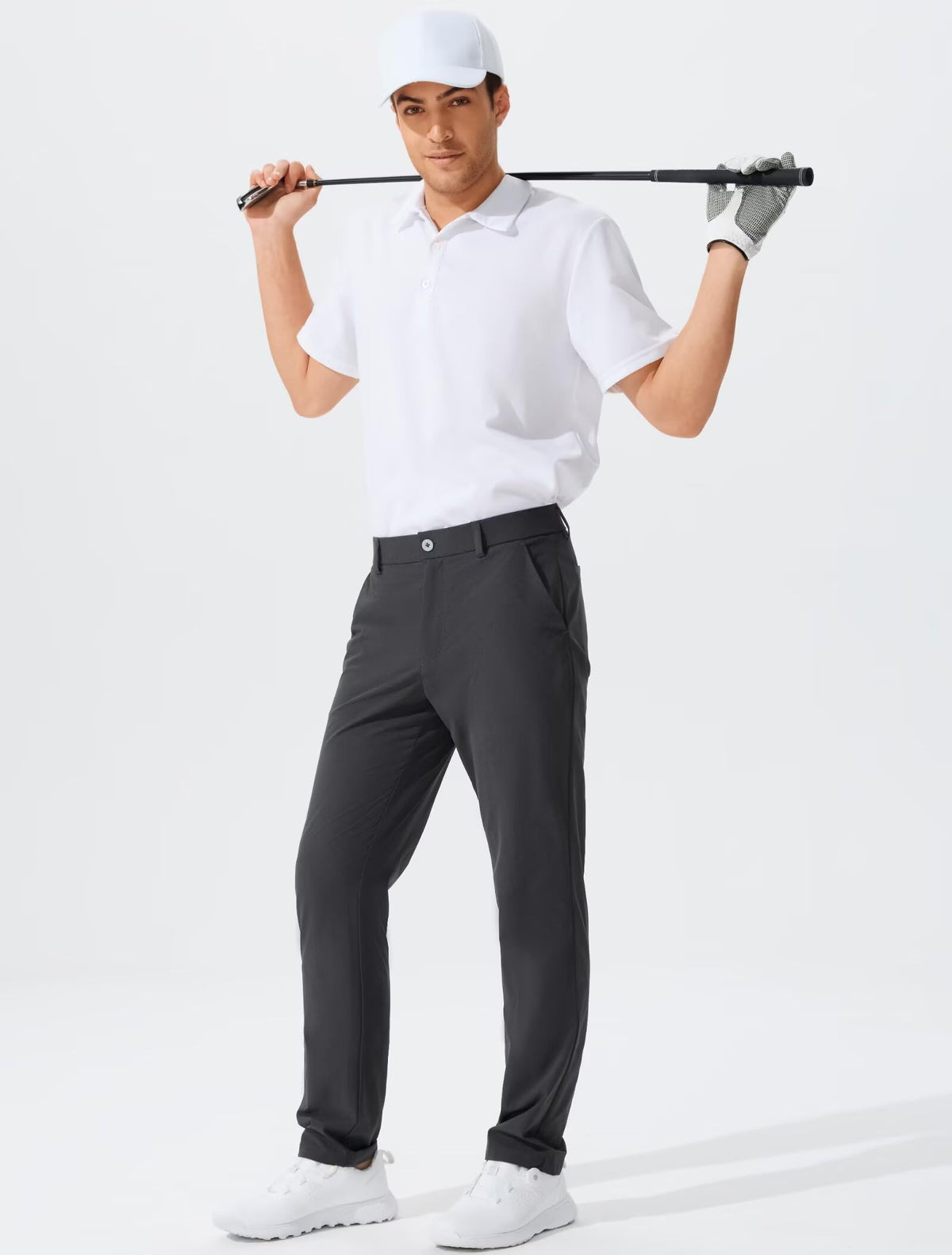 QPNGRP men's golf pants back pockets in dark grey highlighting storage space.