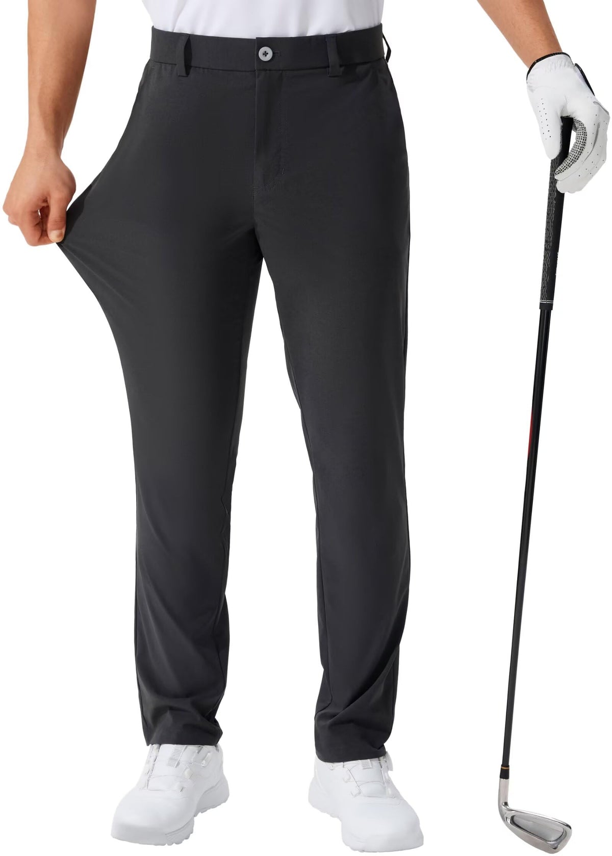 QPNGRP men's golf pants front view showing lightweight fabric and sleek dark grey color