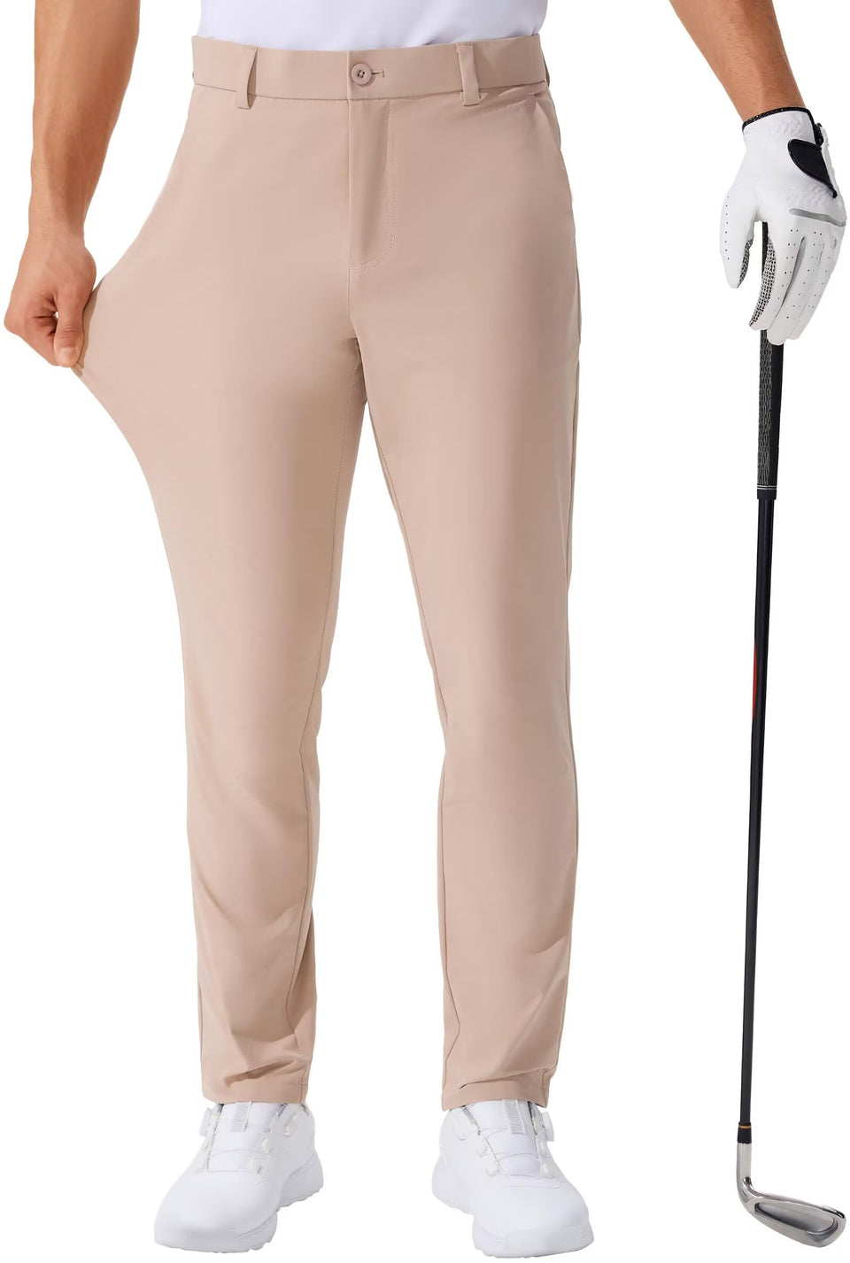 QPNGRP men's golf pants front view, khaki, lightweight and breathable for daily wear.