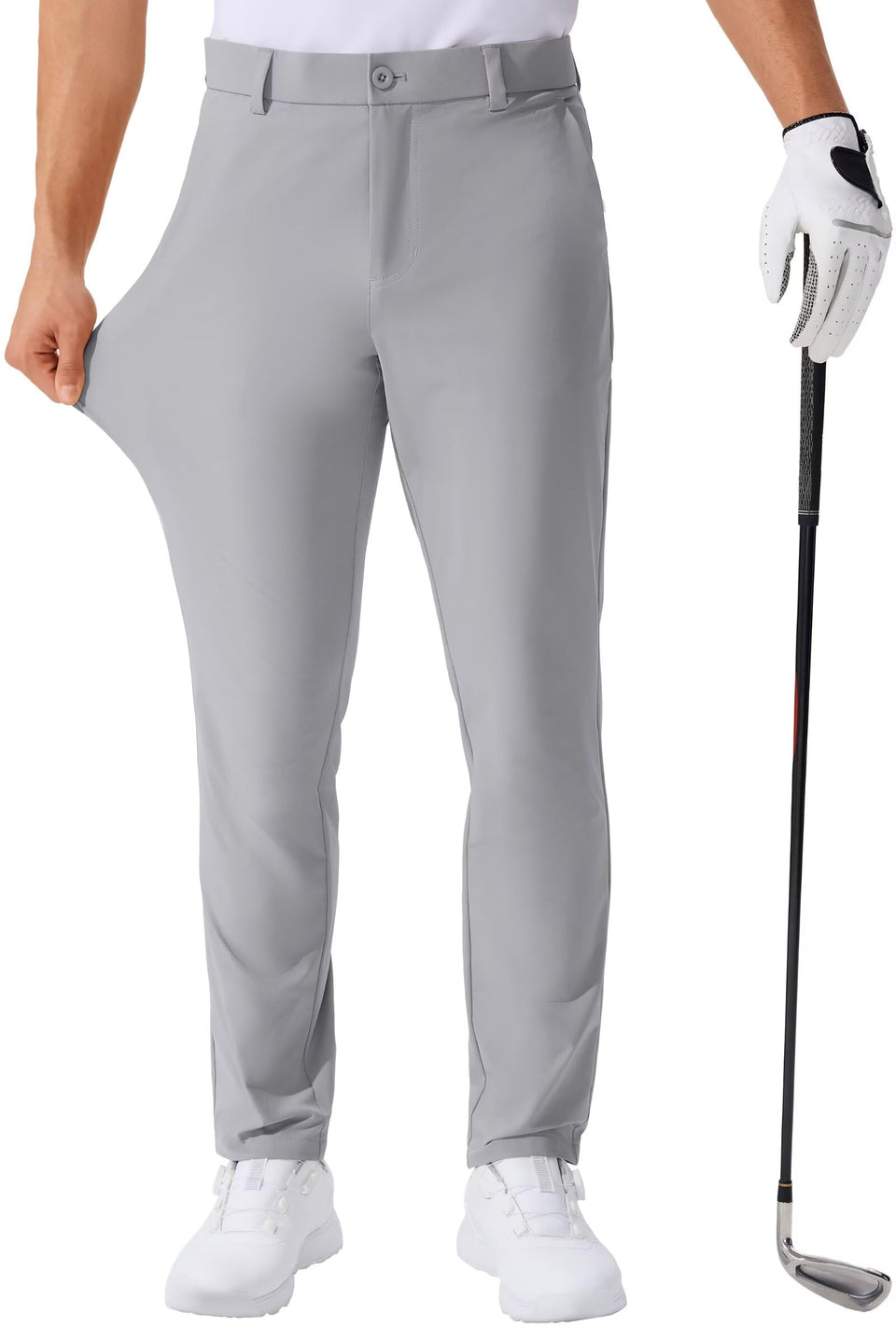 QPNGRP men's golf pants in light grey, front view, versatile straight leg wear