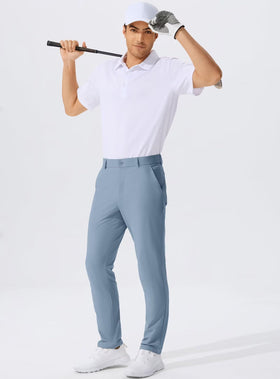 QPNGRP men's golf pants side stretch highlighting mobility for swings