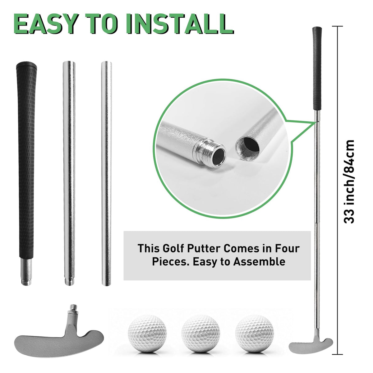 QPPKII practice balls included for versatile indoor and outdoor putting.