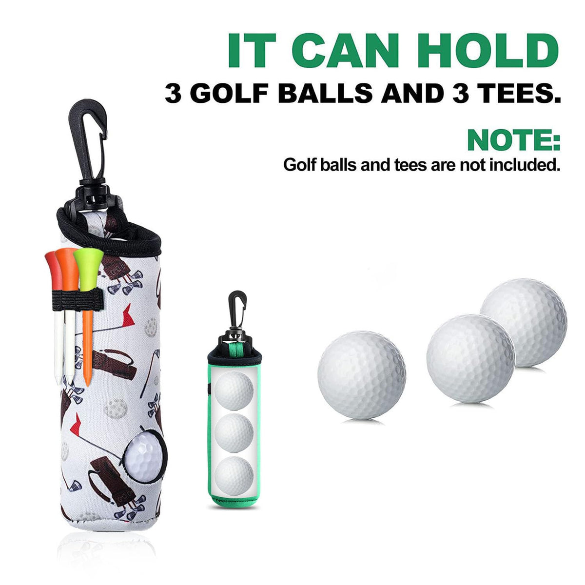 QQRASOAL compact golf bag pouch measures 4.5 x 14 cm, holds up to three balls.