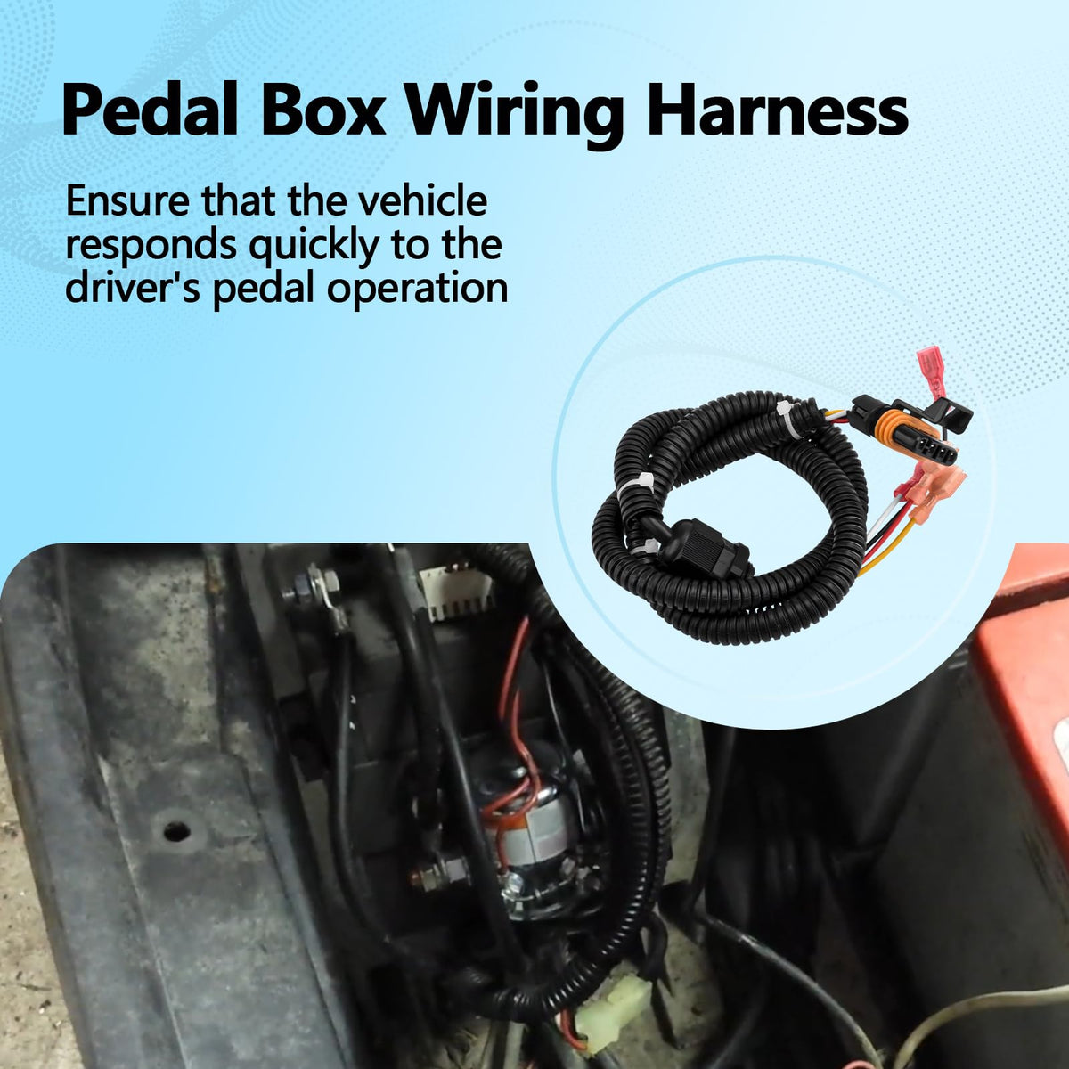 Quealzara pedal box wiring harness close-up highlights secure connections for stable signal