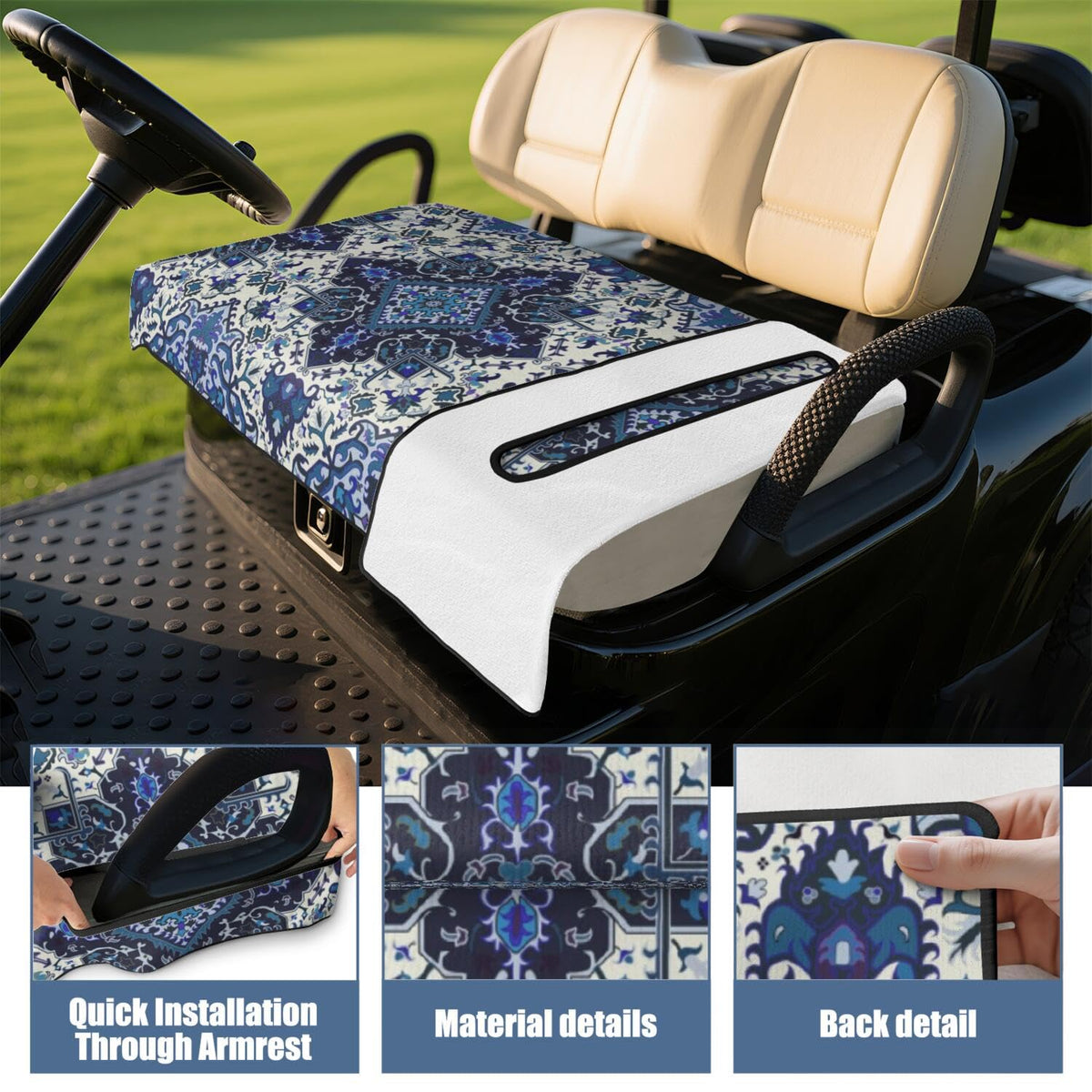 Queen Hero seat covers shown with easy 30-second installation in a standard cart.