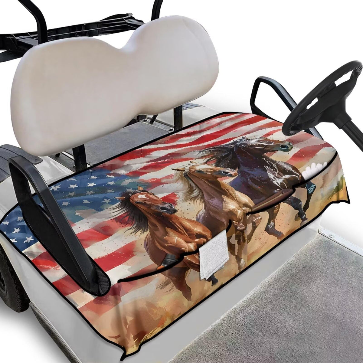Quidrwyo American Flag Horse seat cover enhances cart style while protecting seats.