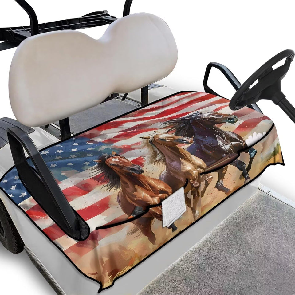 Quidrwyo American Flag Horse seat cover enhances cart style while protecting seats.