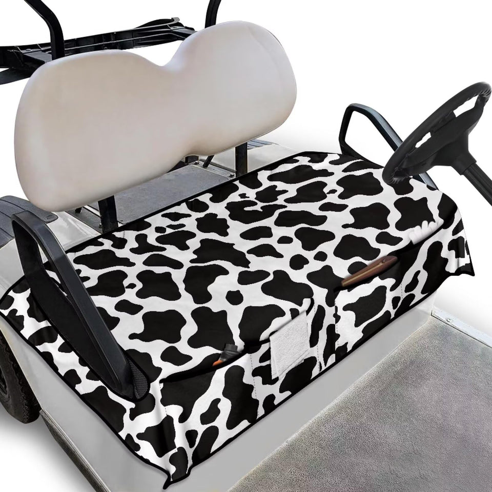 Quidrwyo cow print golf cart seat cover showing bold pattern and seat protection