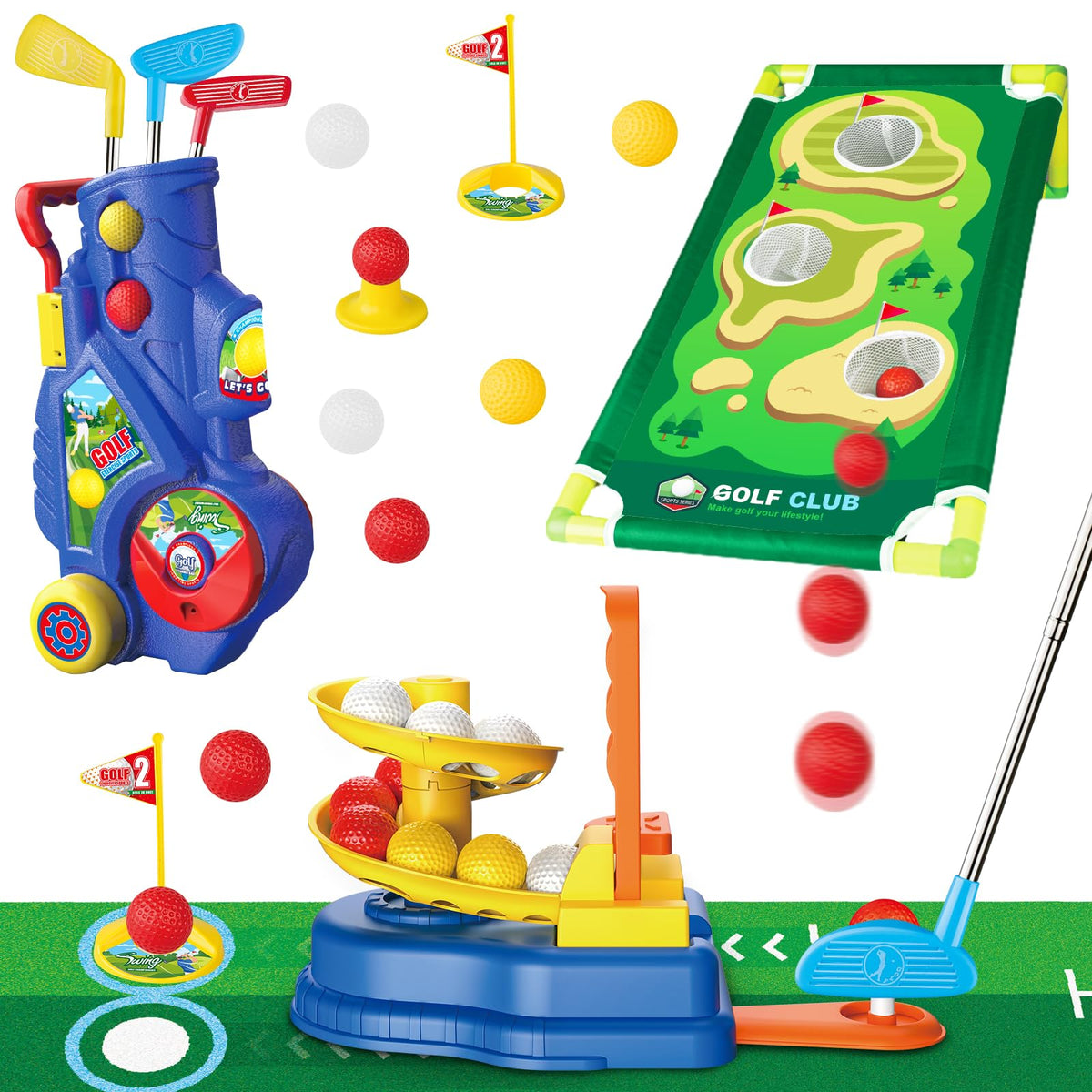 Qutumill toddler golf set with cart and clubs, ideal for indoor or outdoor practice.