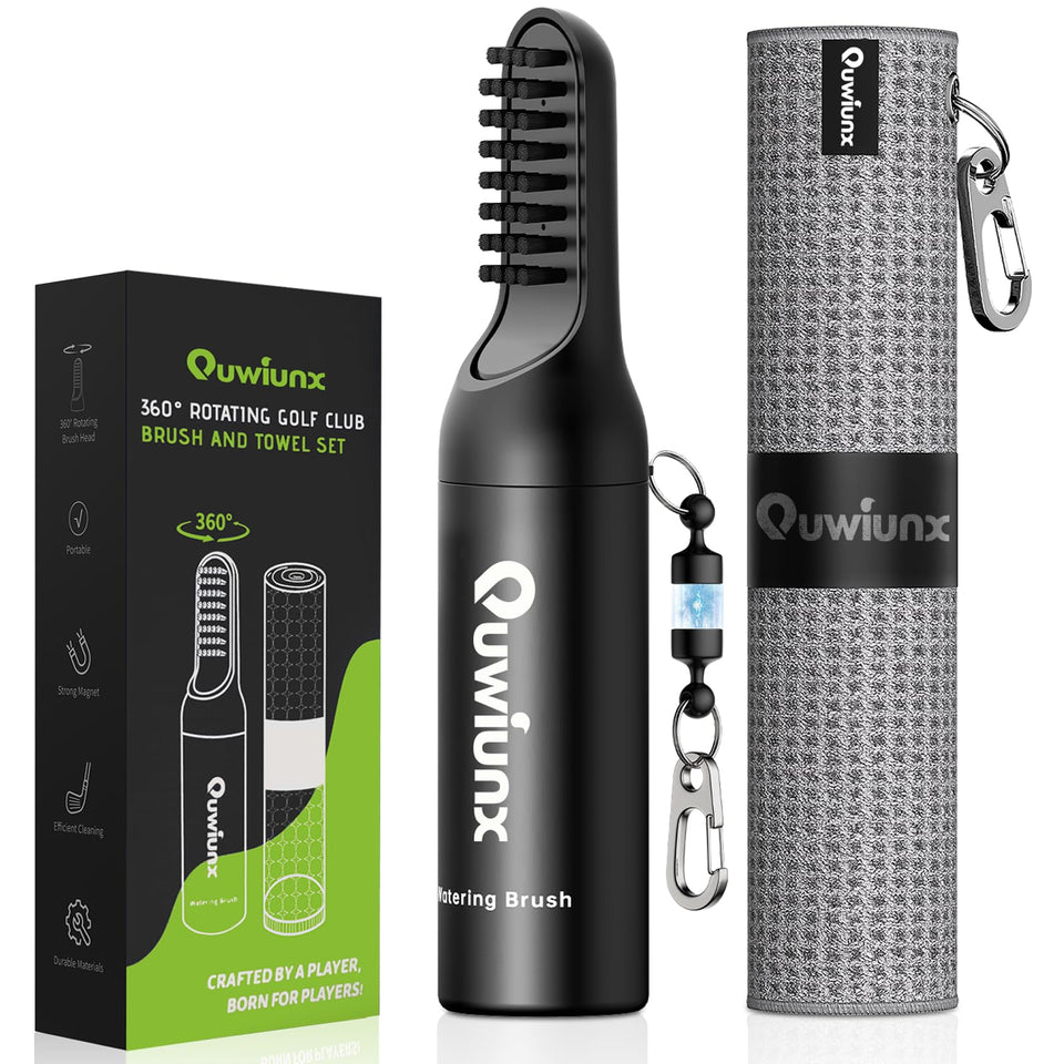Quwiunx 360° rotating head golf brush for quick on-demand cleaning.