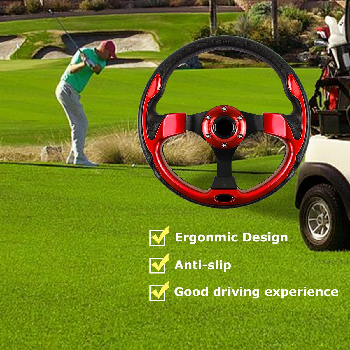QYMOPAY 12.5 inch black steering wheel close-up showing sleek design.