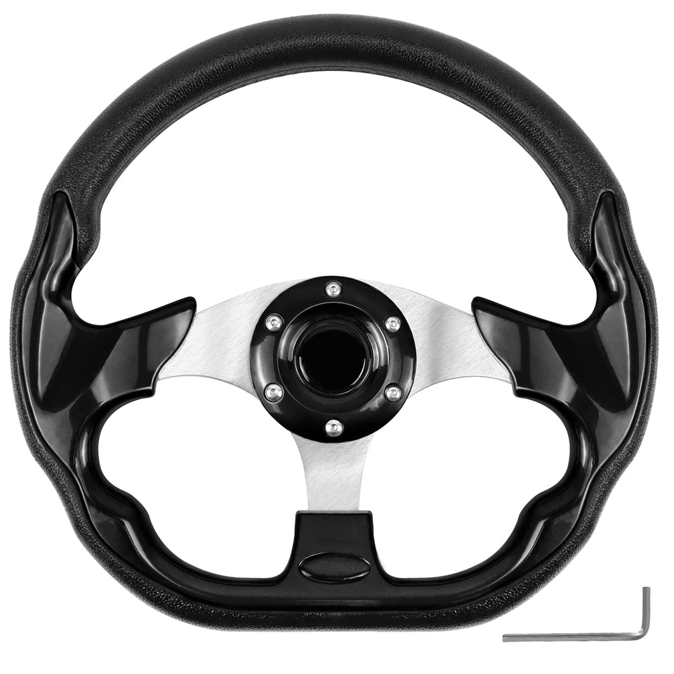 QYMOPAY golf cart steering wheel overview shows durable aluminum finish.