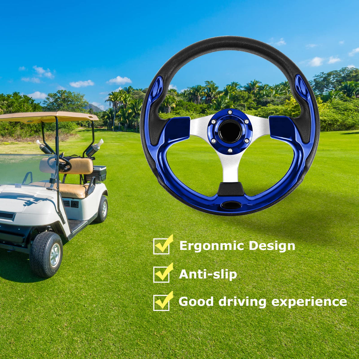 QYMOPAY all-black steering wheel design for a sleek cart look