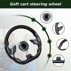 QYMOPAY universal steering wheel shows broad compatibility with EZGO, Club Car, and Yamaha.