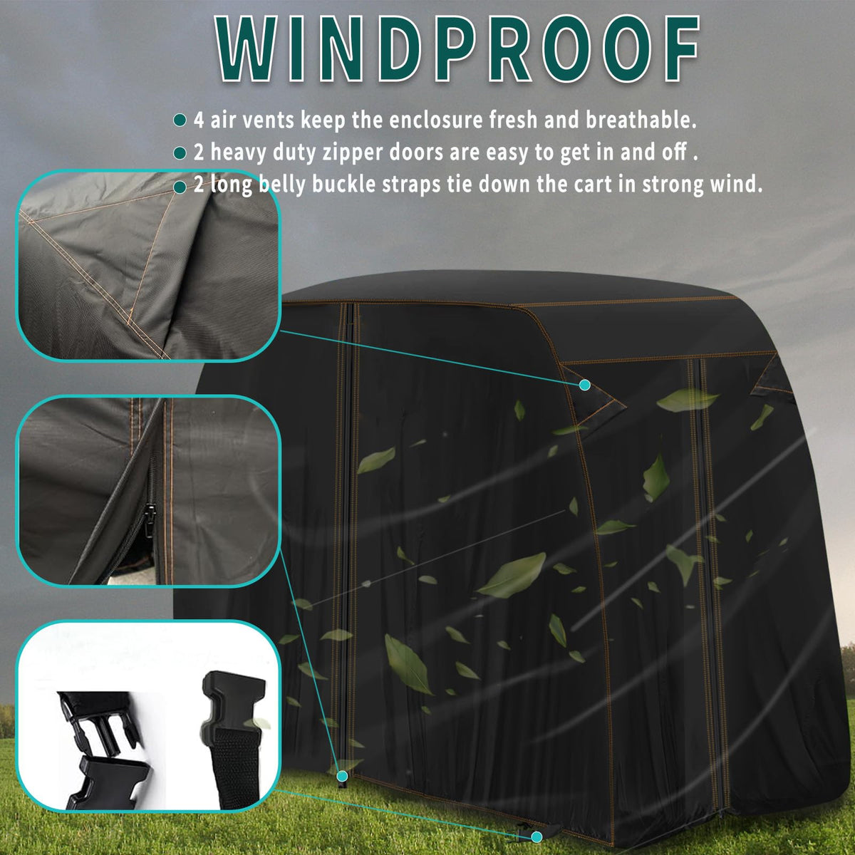 Front and rear belly buckle straps securing the QYMOTO cover in windy weather