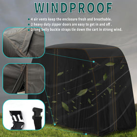 Front and rear belly buckle straps securing the QYMOTO cover in windy weather