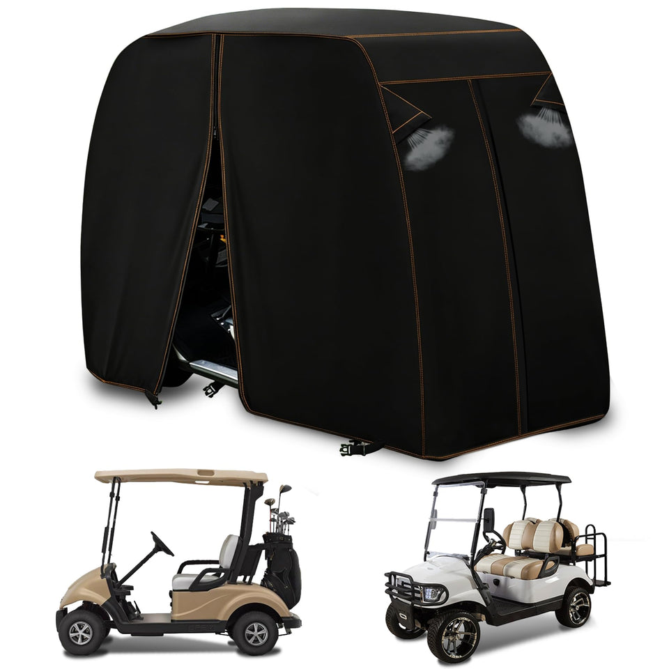 QYMOTO universal golf cart cover on a 2-seat cart protects from sun and dust