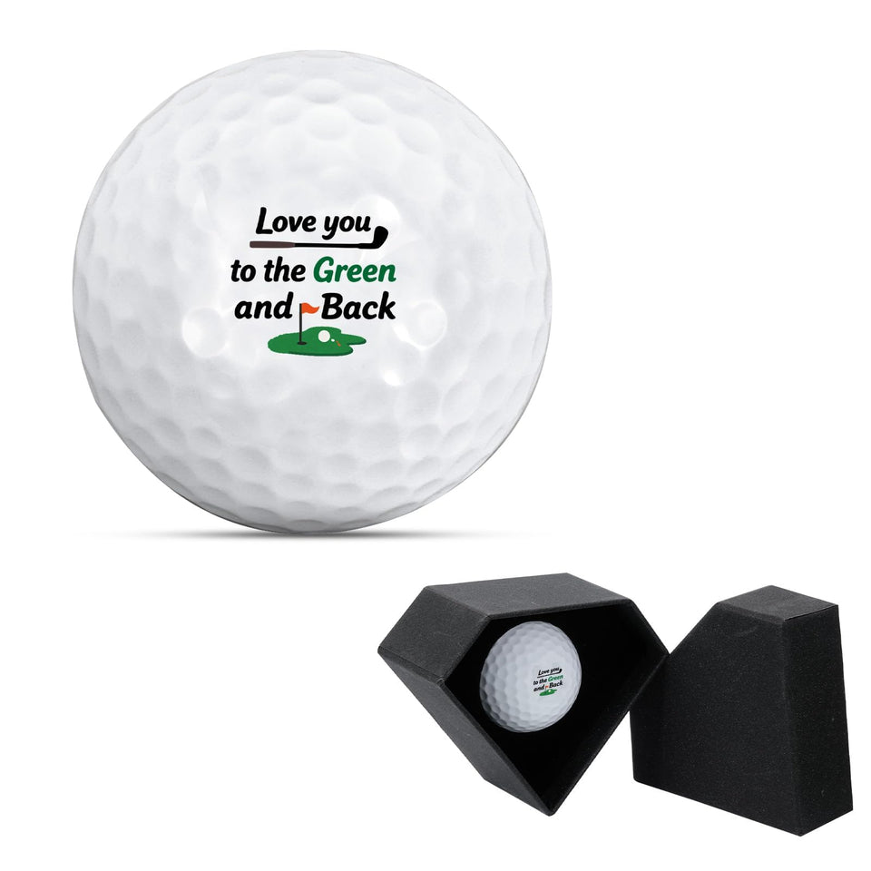 Raddimelo golf ball with Love You to the Green and Back message, ideal romantic gift for him.