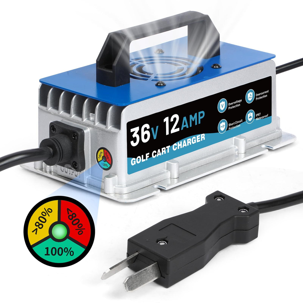 RALBIL 36V charger with Crowfoot plug for Club Car, EZGO, Yamaha—easy compatibility.
