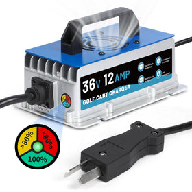 RALBIL 36V charger with Crowfoot plug for Club Car, EZGO, Yamaha—easy compatibility.