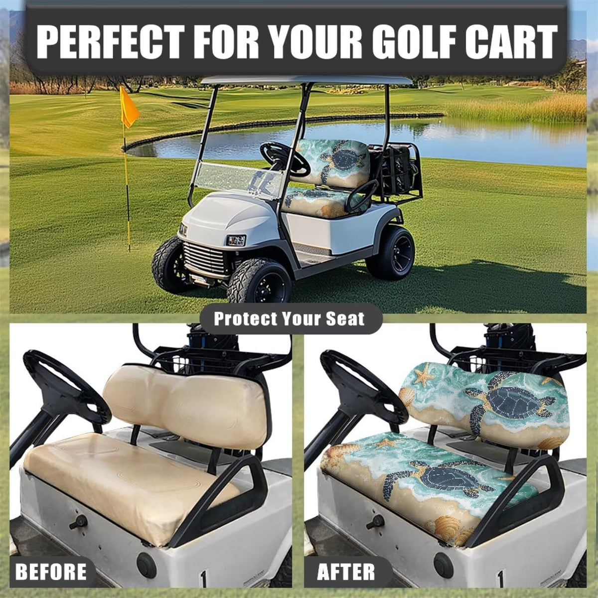 Rarucativ Beach Turtle seat cover easy installation on two-person carts.