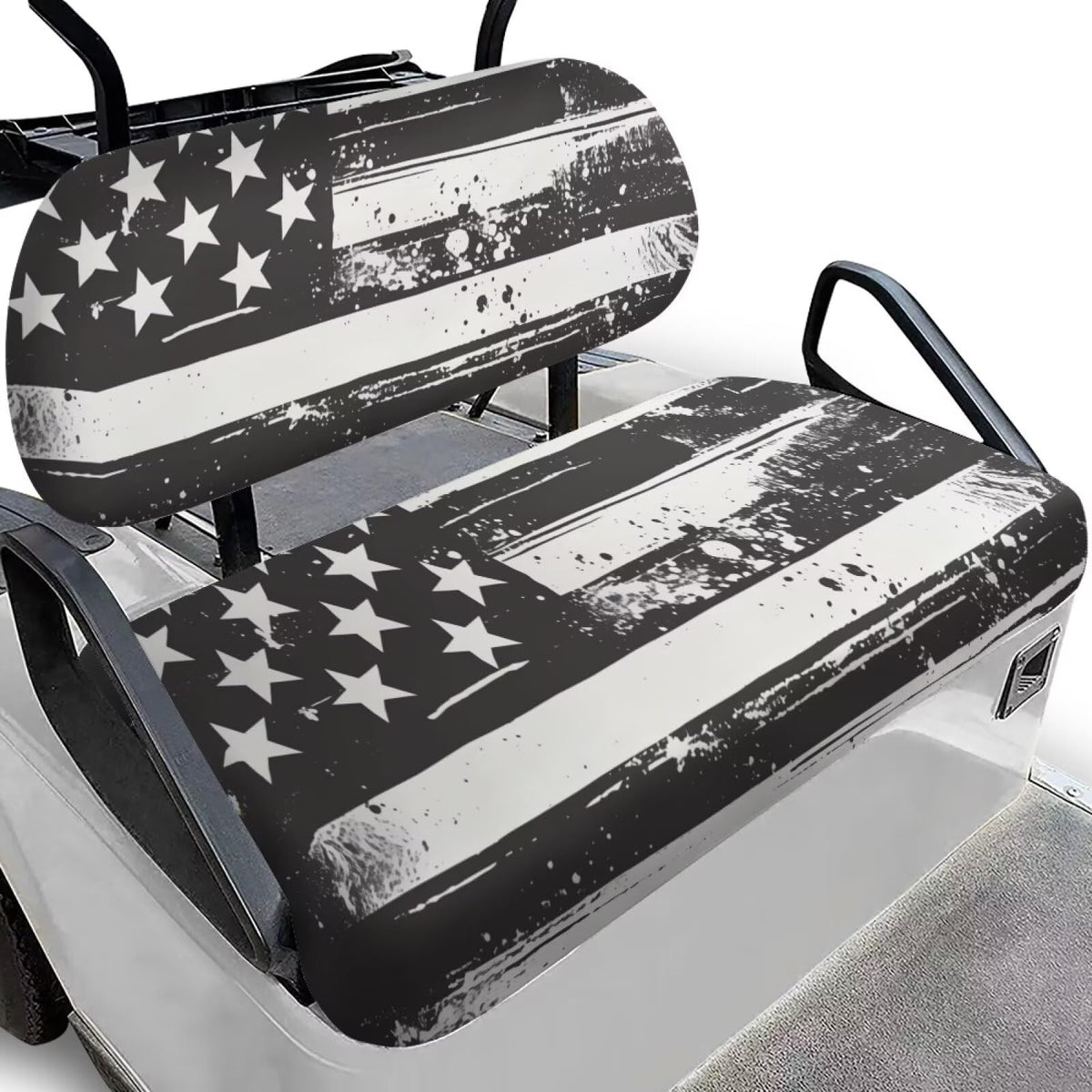 Rarucativ Black Flag golf seat cover on EZGO TXT front view, all-weather protection
