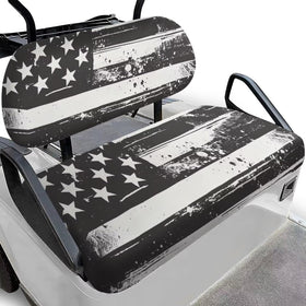 Rarucativ Black Flag golf seat cover on EZGO TXT front view, all-weather protection