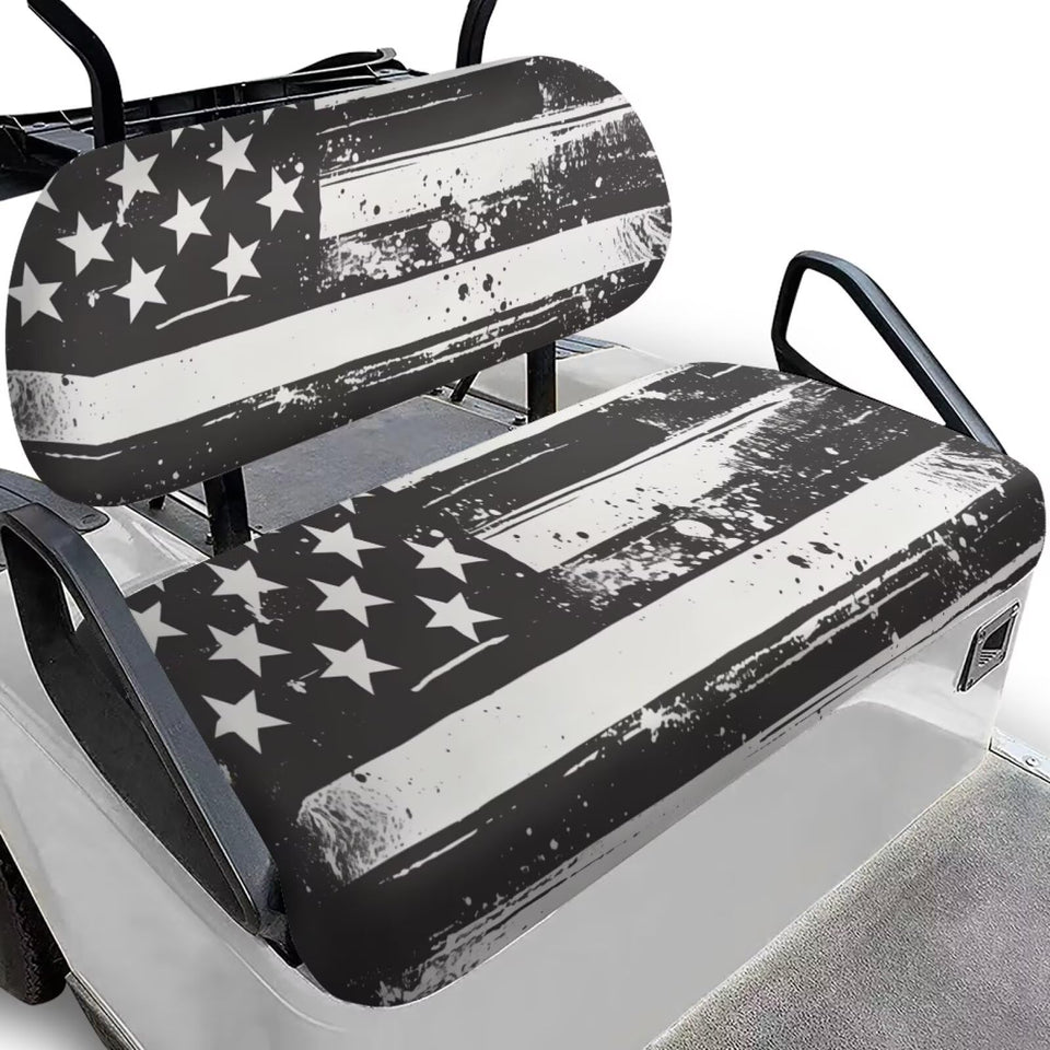 Rarucativ Black Flag golf seat cover on EZGO TXT front view, all-weather protection