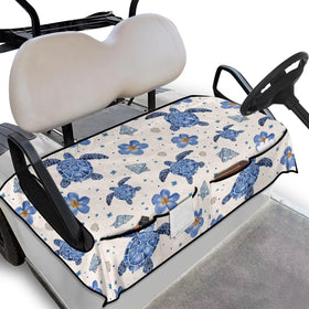 Rarucativ Blue Hibiscus seat cover on cart protects seats from sun and spills.