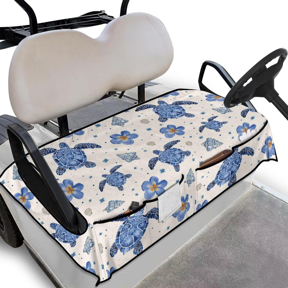 Rarucativ Blue Hibiscus seat cover on cart protects seats from sun and spills.