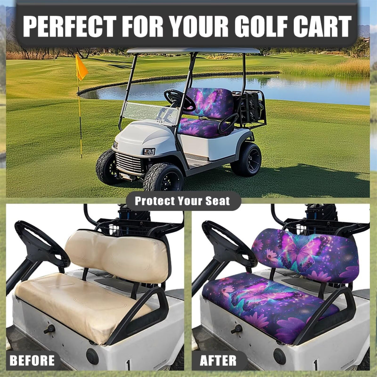 Rarucativ butterfly purple golf cart seat cover provides full-coverage protection