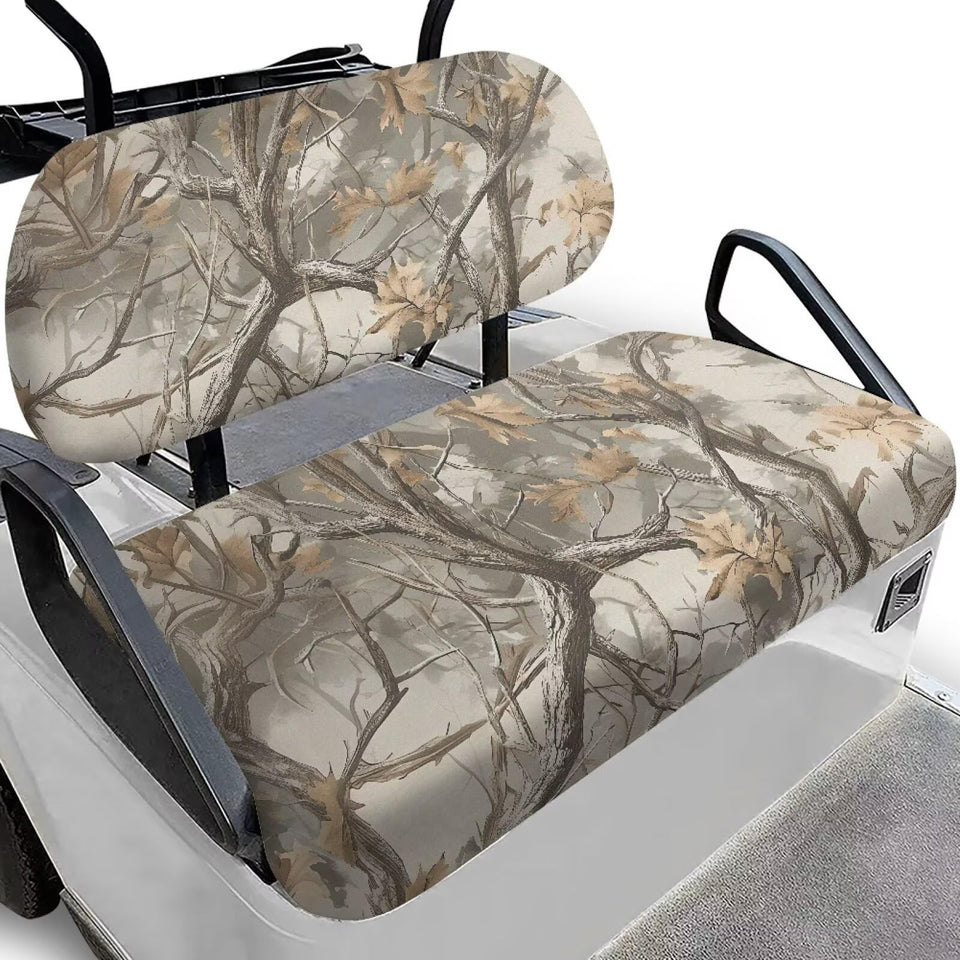 Rarucativ camouflage branch seat cover protects two-seat golf cart seats with stylish durability