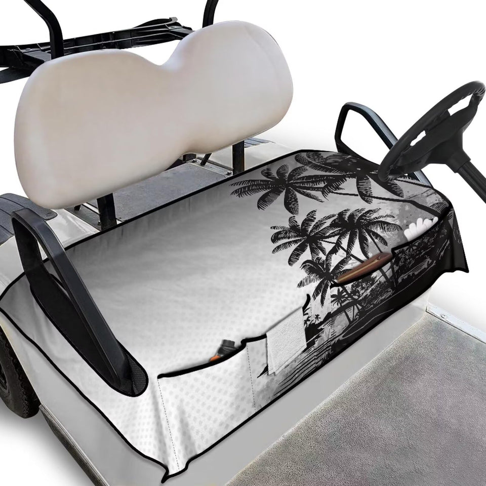 Rarucativ coconut tree seat cover protects golf cart seats from stains.