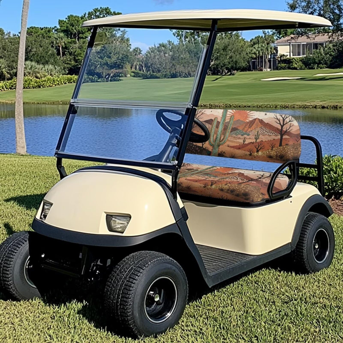 Rarucativ Desert Cactus seat cover back view demonstrates snug universal fit for 2-person carts.