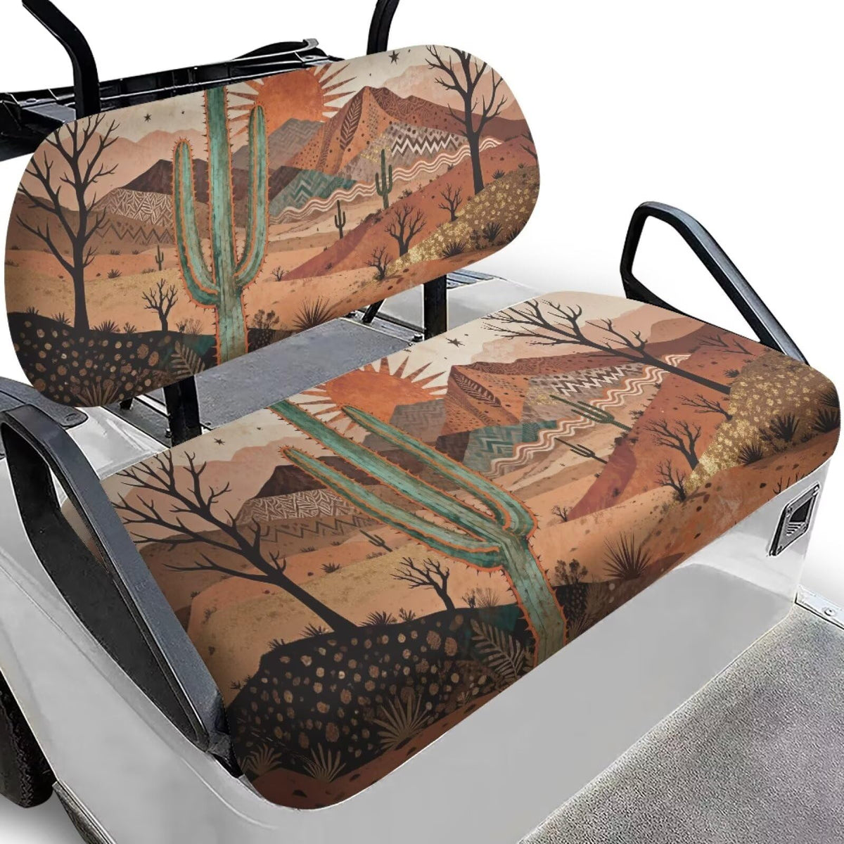 Rarucativ Desert Cactus seat cover front view protects seats with soft, flexible fabric.