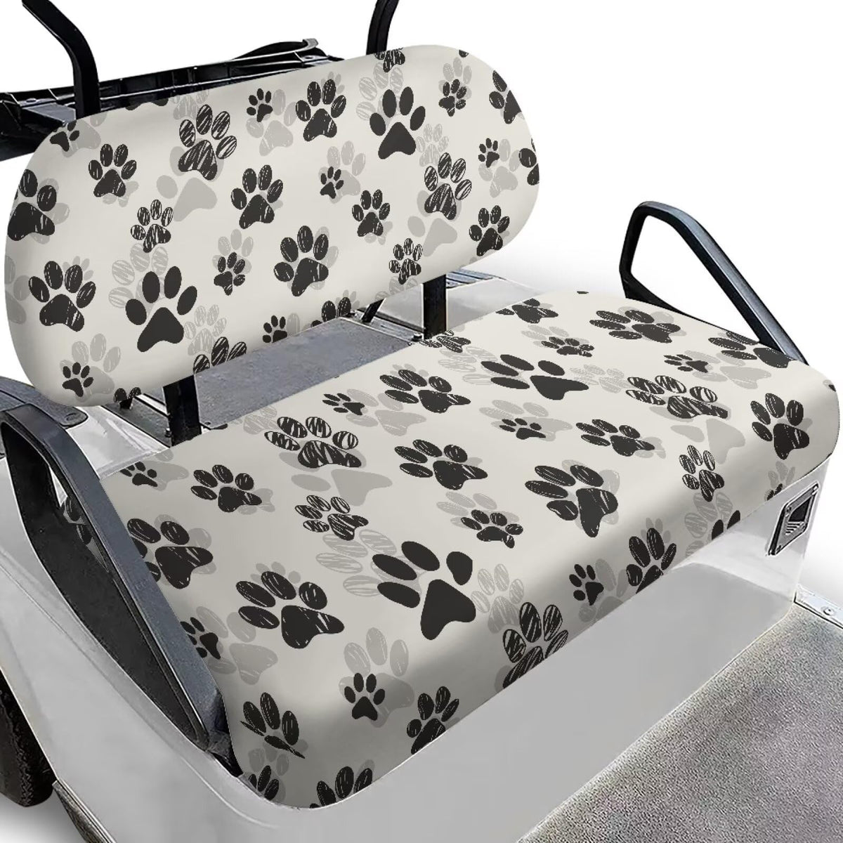 Rarucativ dog paw print seat cover on a golf cart seat, protecting seats from dirt