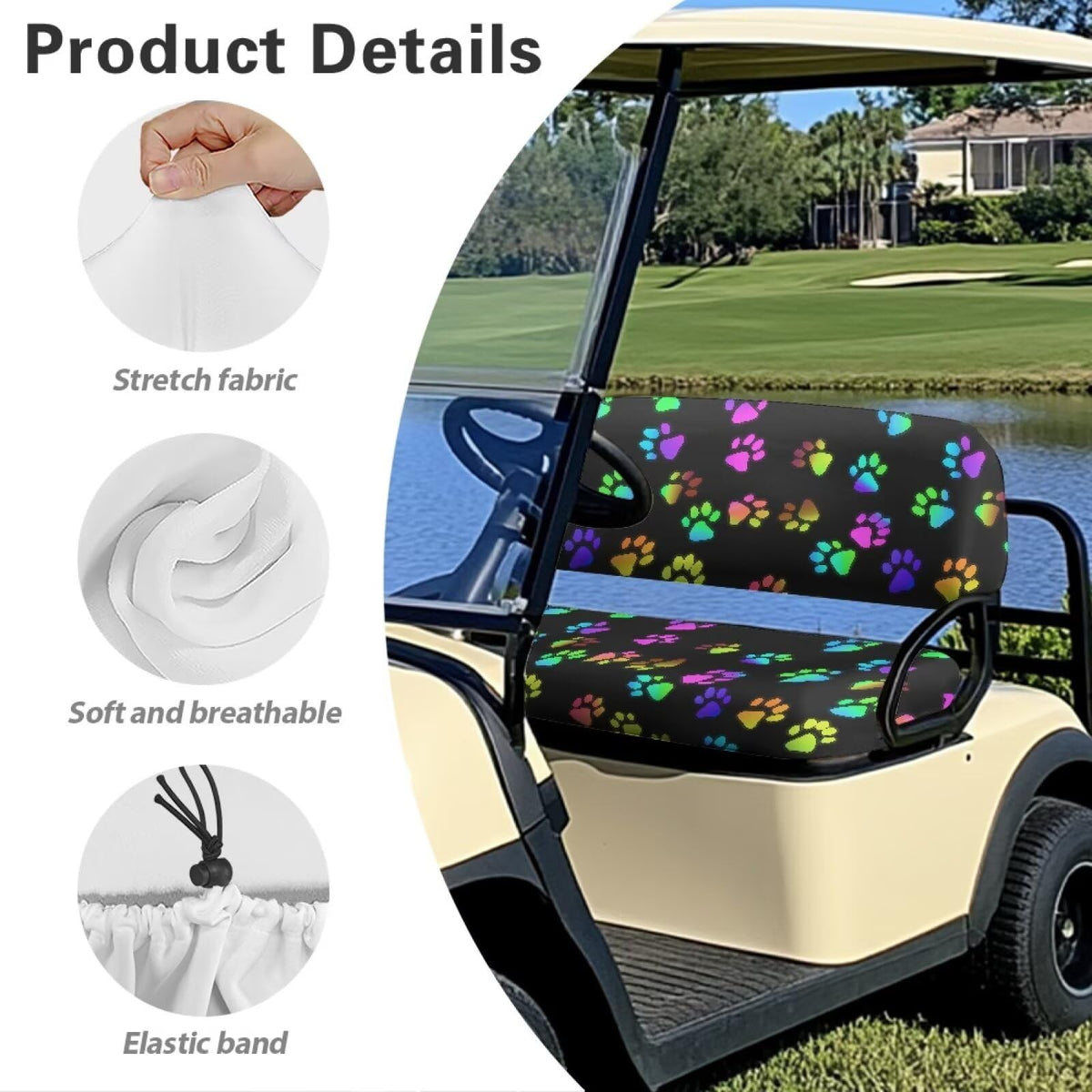 Rarucativ easy-installation seat cover fits 2-person EZGO Club Car carts.