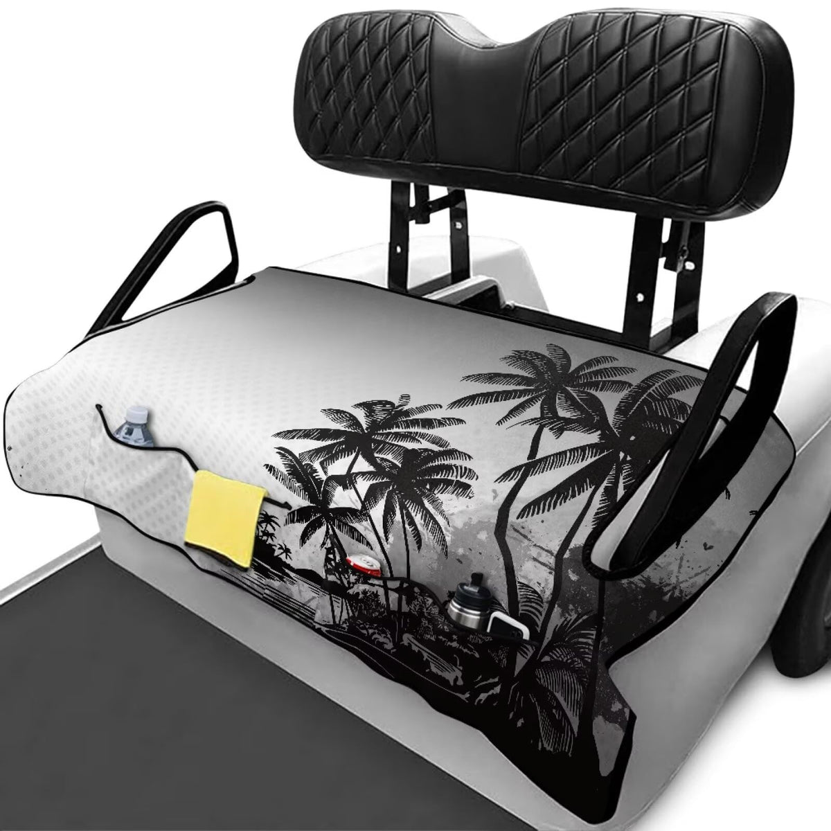 Rarucativ front-pocket blanket adapts to most two-person golf carts for easy use.