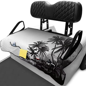 Rarucativ front-pocket blanket adapts to most two-person golf carts for easy use.