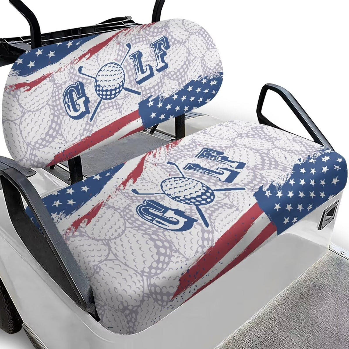 Rarucativ golf cart seat cover front view showing snug fit for front seats