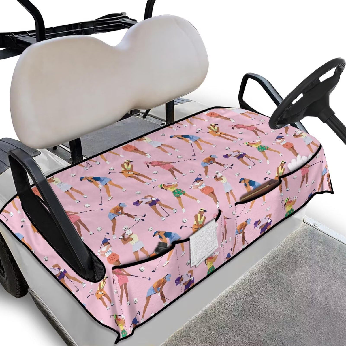 Rarucativ golf cart seat cover in pink with 4 front pockets for quick access