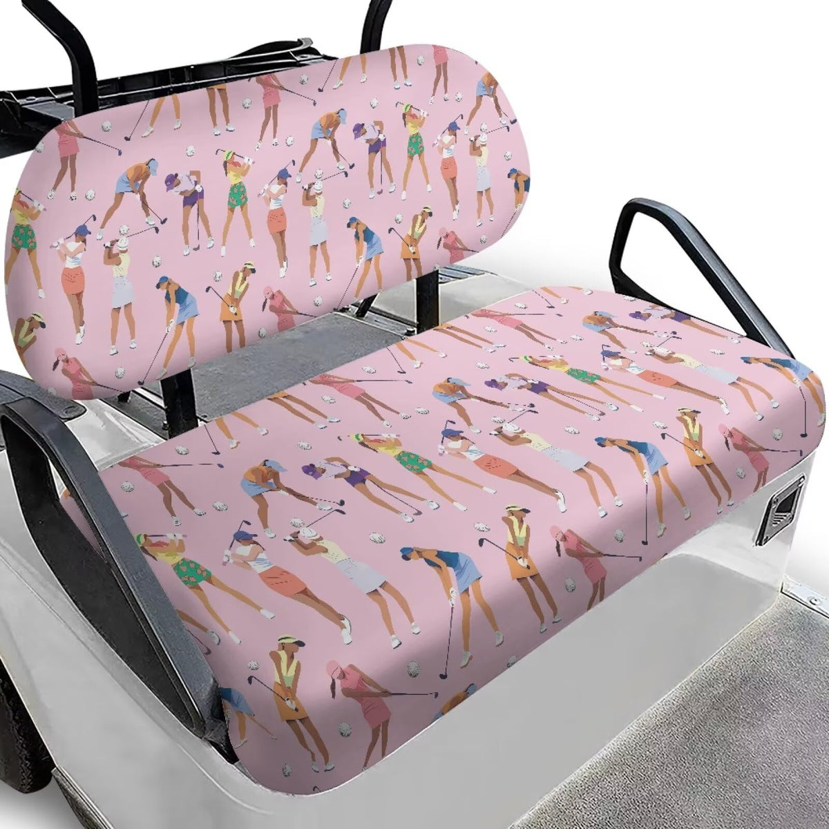 Rarucativ pink golf cart seat cover on front seat offering two-person comfort.
