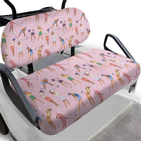 Rarucativ pink golf cart seat cover on front seat offering two-person comfort.