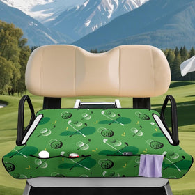 Rarucativ universal-fit seat cover on a two-person golf cart for broad compatibility.