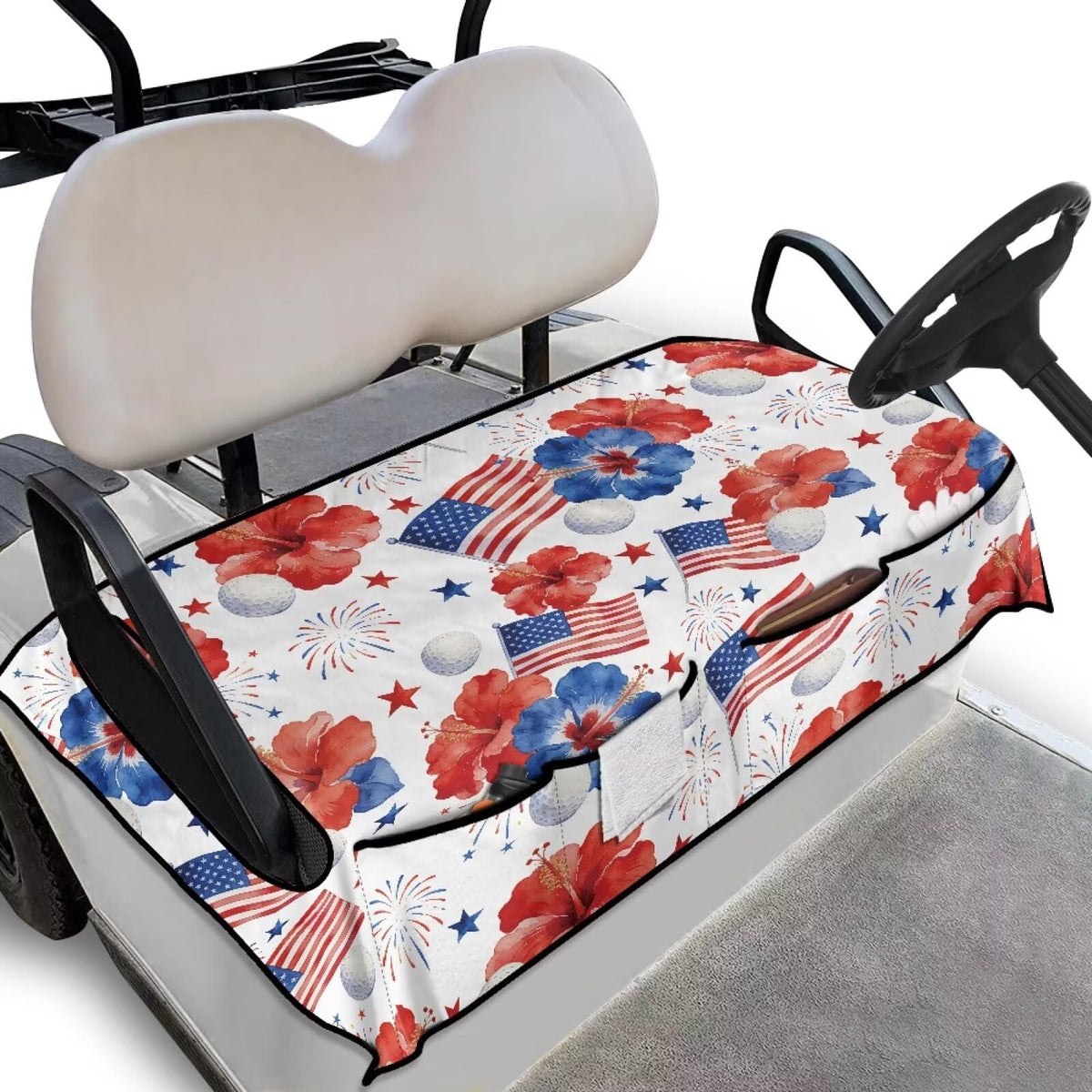 Rarucativ hibiscus golf seat cover showing soft towel fabric and secure fit