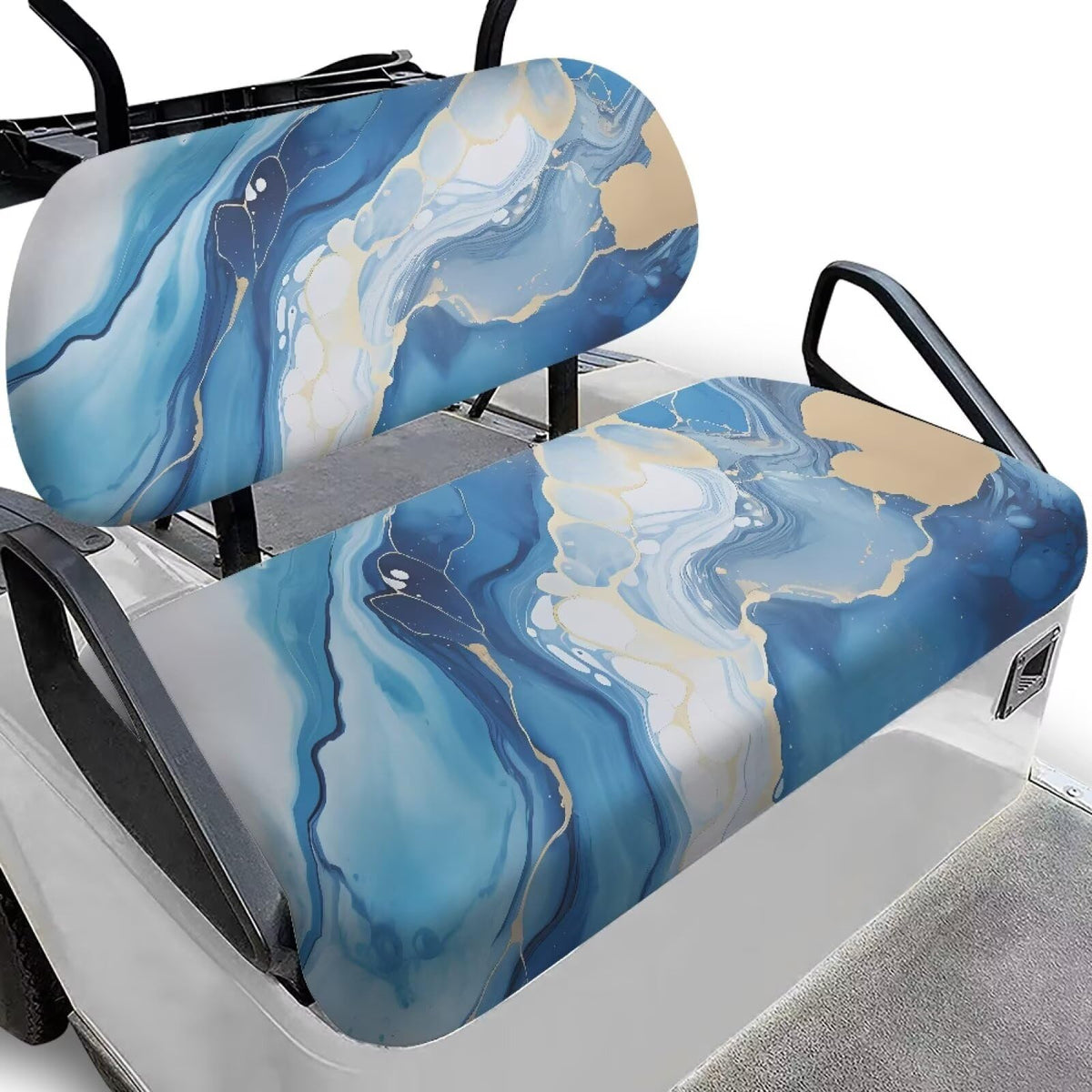Rarucativ marble blue golf cart seat cover protects seats with a stylish blue pattern.