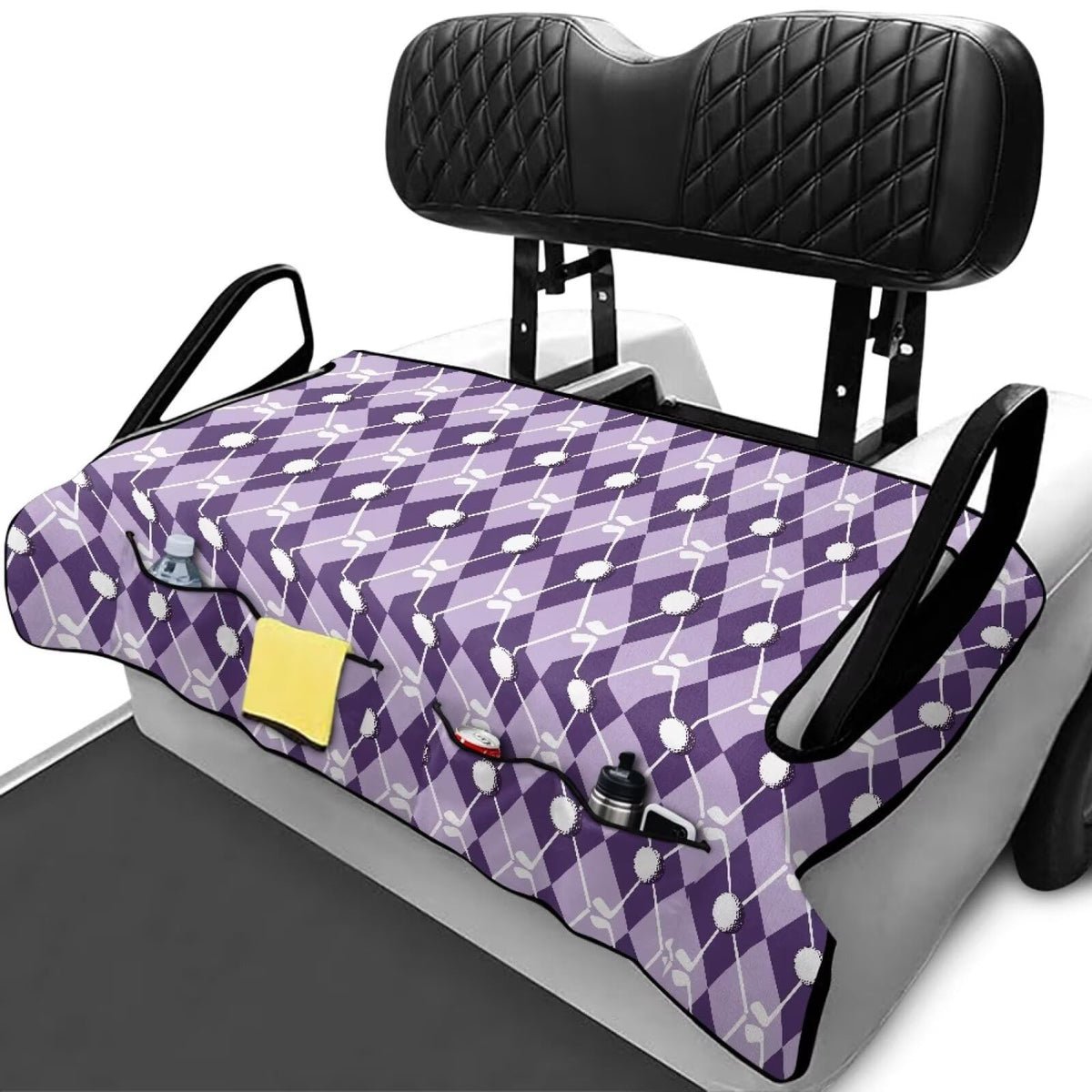 Rarucativ purple golf cart blanket installs easily for universal seat coverage.