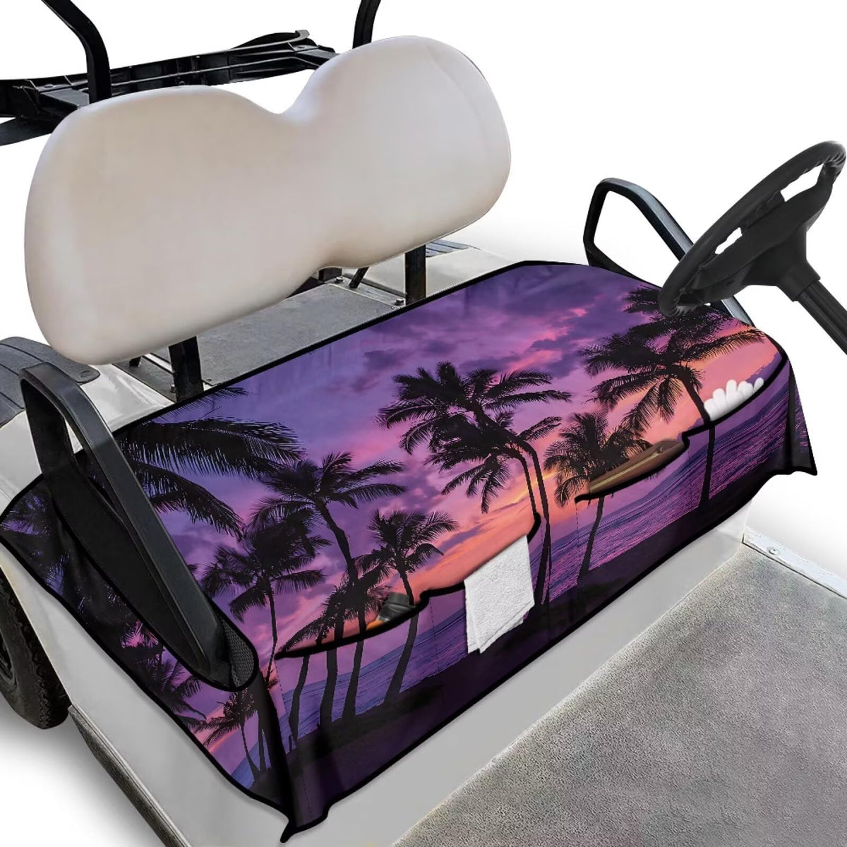 Rarucativ Purple Sunset seat cover with pockets offers organized storage on the golf cart.