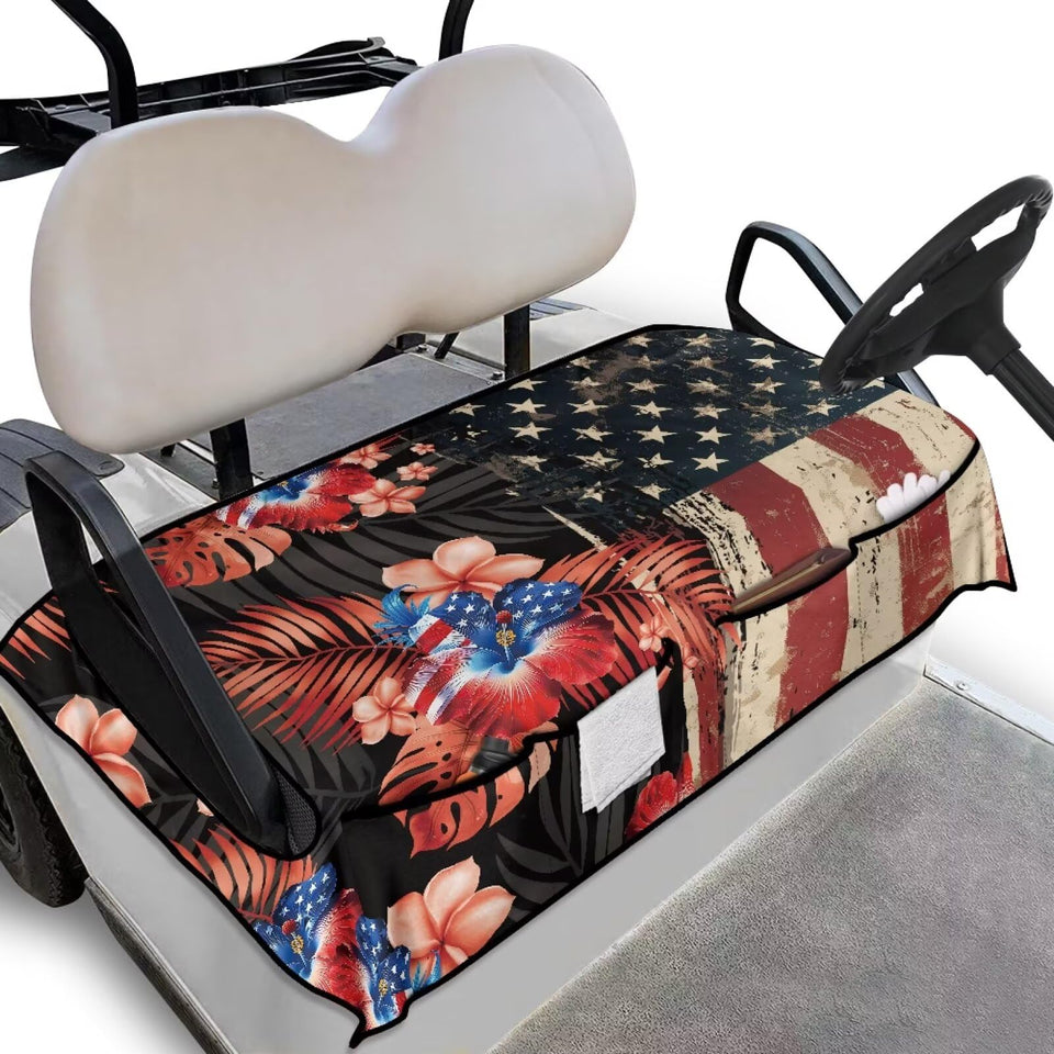 Rarucativ retro USA flag seat cover on a golf cart with secure fit