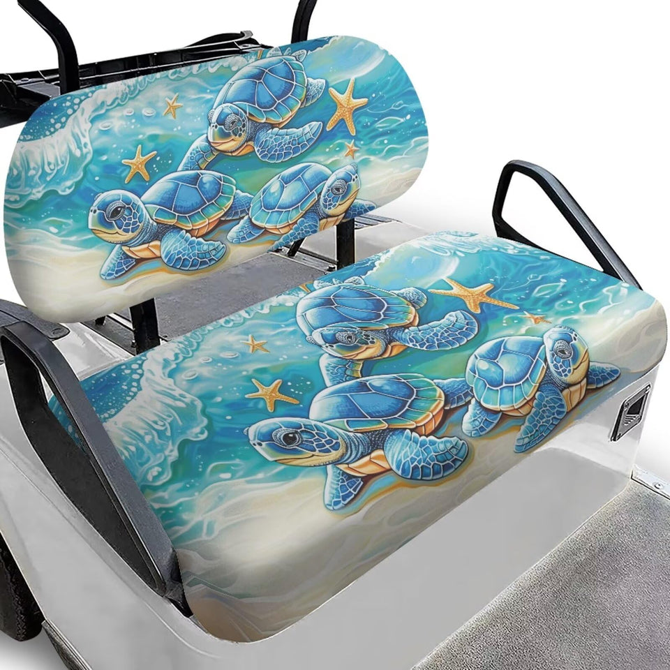 Rarucativ sea turtle backrest blue cover shown on a golf cart seat for protection.